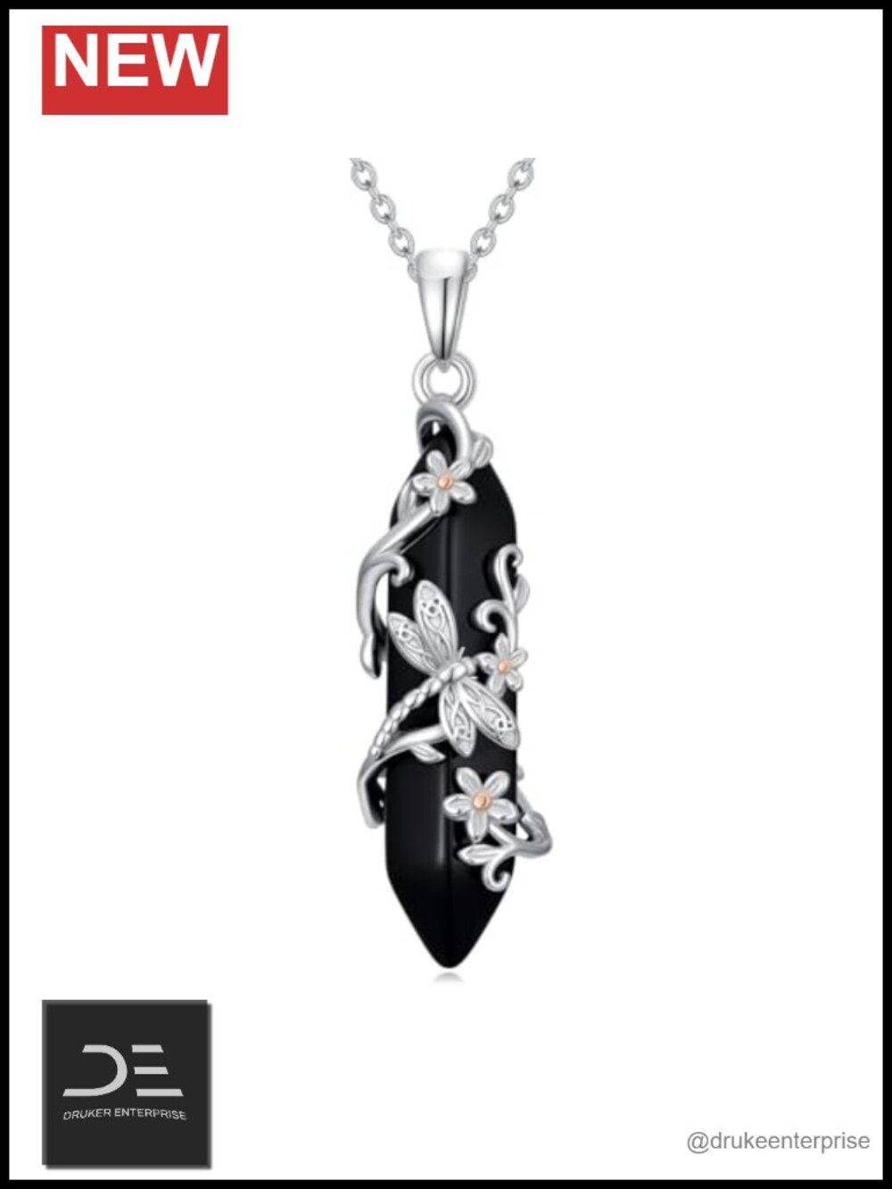 925 Sterling Silver Black Tourmaline Healing Crystal Dragonfly Pendant Necklace